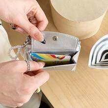 银色裂纹皮革仿珍珠吊坠短款钱包简约双折拉链开合多卡位皮革钱包女士钱包迷你钱包钱包秋季小钱包可爱钱包秋季腕带钱包 - 彩色 - 查看 7