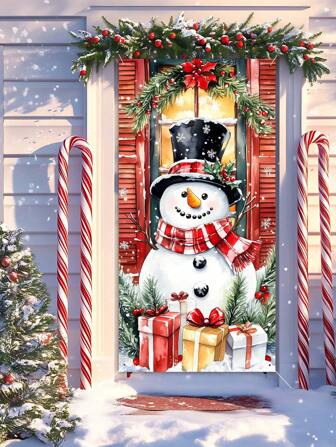 78*156 cm 2D Vintage Röd Halsduk Leende Snögubbe Julkrans Mönster Dörrbanderoll, Polyestermaterial, Lämplig för Vinter Jul Nyår Semester Heminredning