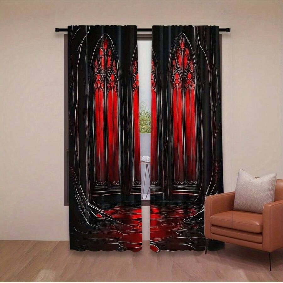 2 Pieces Gothic Vampire Red Landscape Print - Beautiful Polyester Curtains With Vivid Pattern Design, Perfect For Bedroom And Living Room Decoration (Curtain Rod Not Included), Living Room Curtains - Đầy màu sắc - Xem 1