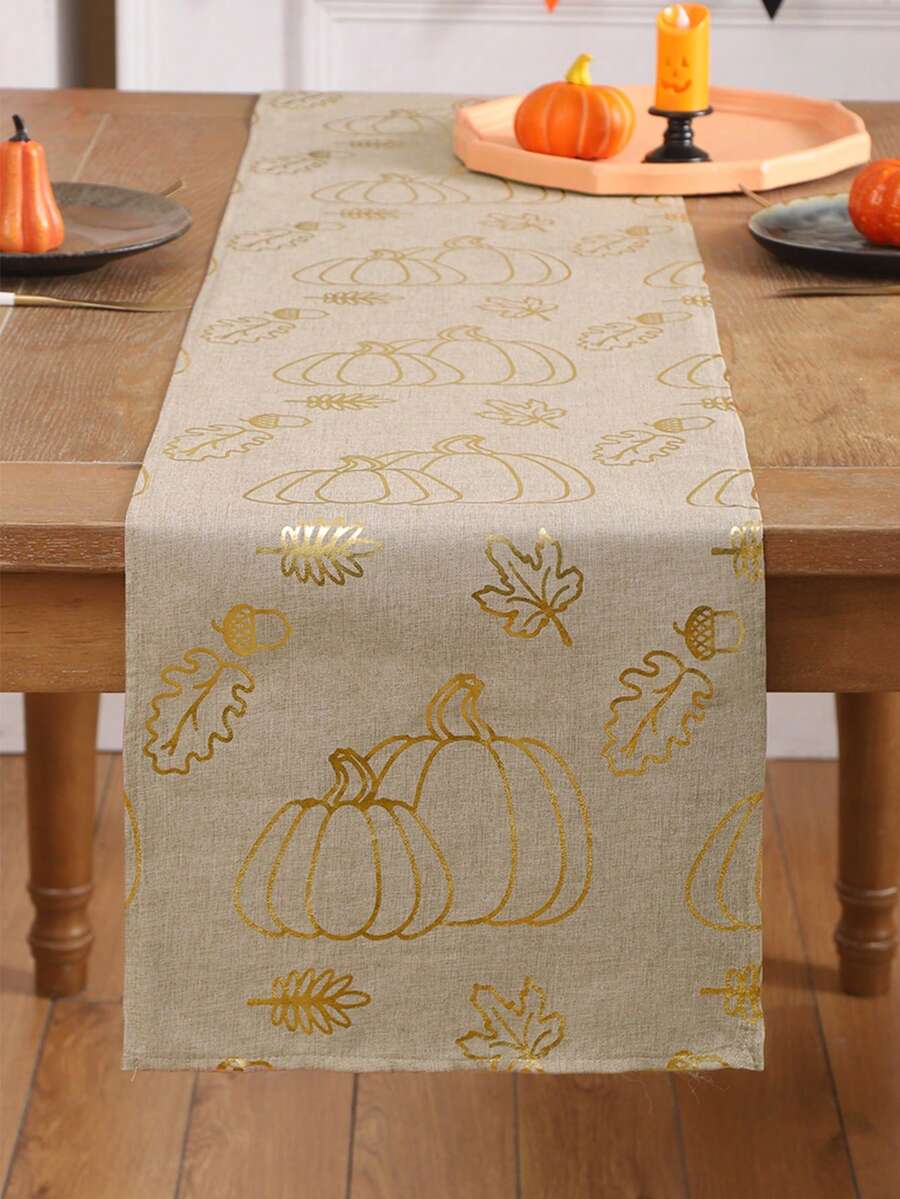 1pc Halloween Burlap Table Runner With Gold Foil Pumpkin Decor, For Living Room, Dining Room, Kitchen, Thanksgiving, Harvest Season, Autumn