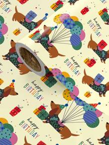 1 Roll - Cute Puppy Pattern - Yellow System - Puppy Theme Wrapping Paper - 43.2cm*500cm - Suitable For Birthday, Celebration Party