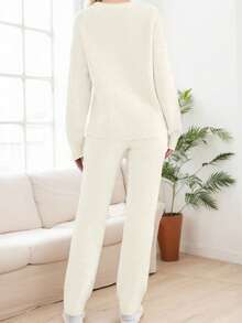tooluck Women's Casual Pajama Set Fuzzy Fleece Knitted Long Sleeve Pj Loungewear White - trắng - Xem 2