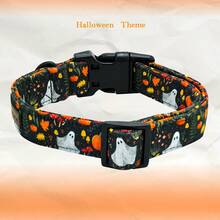 Elegant Little Tail Halloween Dog Collar Pumpkin With Ghost Print Black Halloween Pet Collars Soft Puppy Collars Holiday Adjustable Collar