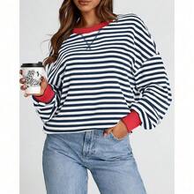 Womens Oversized Striped Sweatshirt Crewneck Long Sleeve Pullover Top Casual Y2K Spring Clothes 2026 Workout Shirt,Vacation Outfits Women,Valentine Outfits For Women,Street Photography - 海軍白 - 查看 5