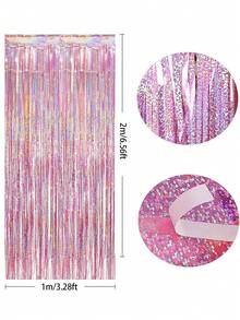 3pcs-Silver Foil Tassel Curtains Paired With A Pink, Shiny Metal Wire Background, Suitable ForDecorating Birthdays, Weddings, Parties, Disco Parties Themed Around The 70s, 80s And 90s, Bachelors' Parties And Rainbow Parties - Pink - View 3