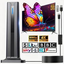 Antena de TV HD de señal súper 360° - Alcance de transmisión HD gratuita de 580 millas, compatible con 4K1080p, fácil instalación, ideal para áreas urbanas y rurales, diseño negro suave, antena exterior de amplio alcance | Acabado negro elegante | Antena de configuración sencilla