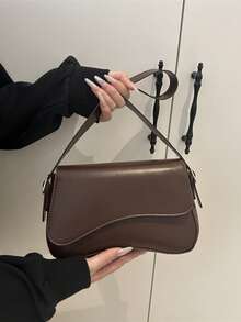 1pc Minimalist Solid Color Flap Shoulder Bag, Classic Textured Crossbody Bag, Women Handbag - Coffee - View 3