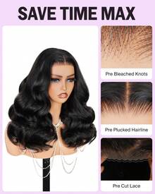 MEGALOOK 6"X5" Glueless Human Hair Wig, 100% Real Hair Pre-Cut Pre-Styled 12A Grade Salon Quality Soft Wavy Closed-Cap Wig, 200% Density Bleached Knots - Black - View 4