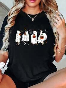Horse Ghost Halloween Pumpkin Horseback Riding Equestrian-Shirt Summer Tops. Short Sleeve Round Neck Casual Top Summer &Amp;   Spring. Women'ClothingArt Summer-Shirt Women - 黑色 - 查看 1