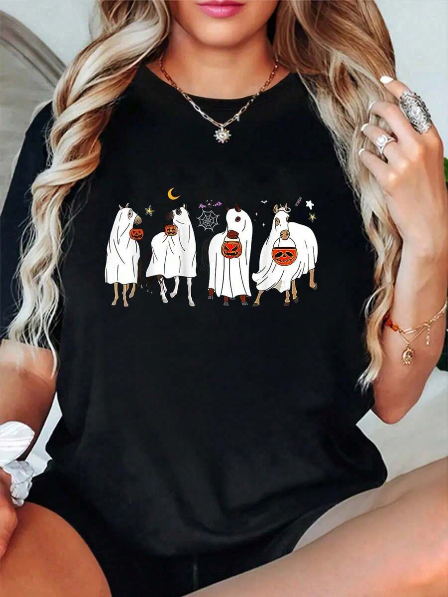 Horse Ghost Halloween Pumpkin Horseback Riding Equestrian-Shirt Summer Tops. Short Sleeve Round Neck Casual Top Summer &Amp;   Spring. Women'ClothingArt Summer-Shirt Women - 黑色 - 查看 1