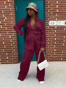 2pcs Women's Fashionable Pleated Shirt And Comfortable Wide-Leg Pants Set, Casual, Ladies Spring/Fall Casual Pocket, Zipper Long Sleeve Loose Blouse Pants Women Two-Piece Outfits, Casual Daily Wear - 酒紅色 - 查看 7