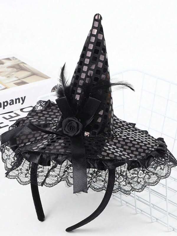 1pc Halloween Witch Magic Party Hat Headband, Lace Trim Glitter Costume Accessory, Hair Band, Makeup, Diadema, Hair Hoop