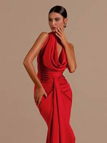 Sexy Halter, Neck, Pocket Collar, Satin Dress, Long Skirt, Bridesmaid's Dress For Banquets, Parties, Birthdays And Weddings In All Seasons - 紅色 - 查看 3