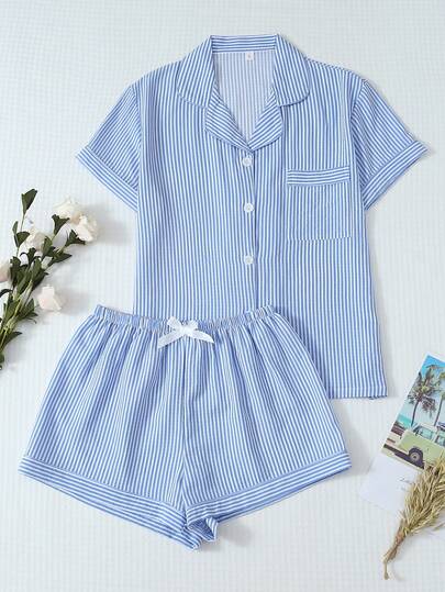 2pcs Plus Size Women's Comfortable Blue & White Striped Print Short Sleeve Polo Collar Top And Bow Shorts Pajama Set, Summer Loungewear