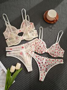 Set de 3 piezas de sujetador con aros, de unicolor, con estampado de corazón y flor, y decoración de lazo, cómodo para mujeres - Blanco - Ver 4