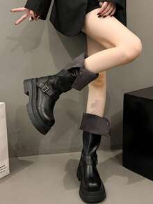 西部风格搭扣假日复古英伦厚跟高筒女靴，2025秋冬新款，修身骑马靴，派对靴 - 黑色 - 查看 9