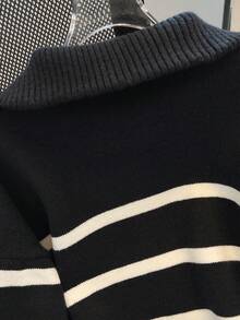 秋冬新款时尚拉链女条纹针织毛衣简约百搭长袖上衣