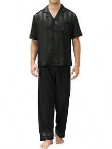 Mens Silk Pajama Set, Short Sleeve Silk Satin Pajamas For Men Soft Mens Loungewear Sets 2 Piece Button Down Pjs Sethalloween - Striped Black - View 1