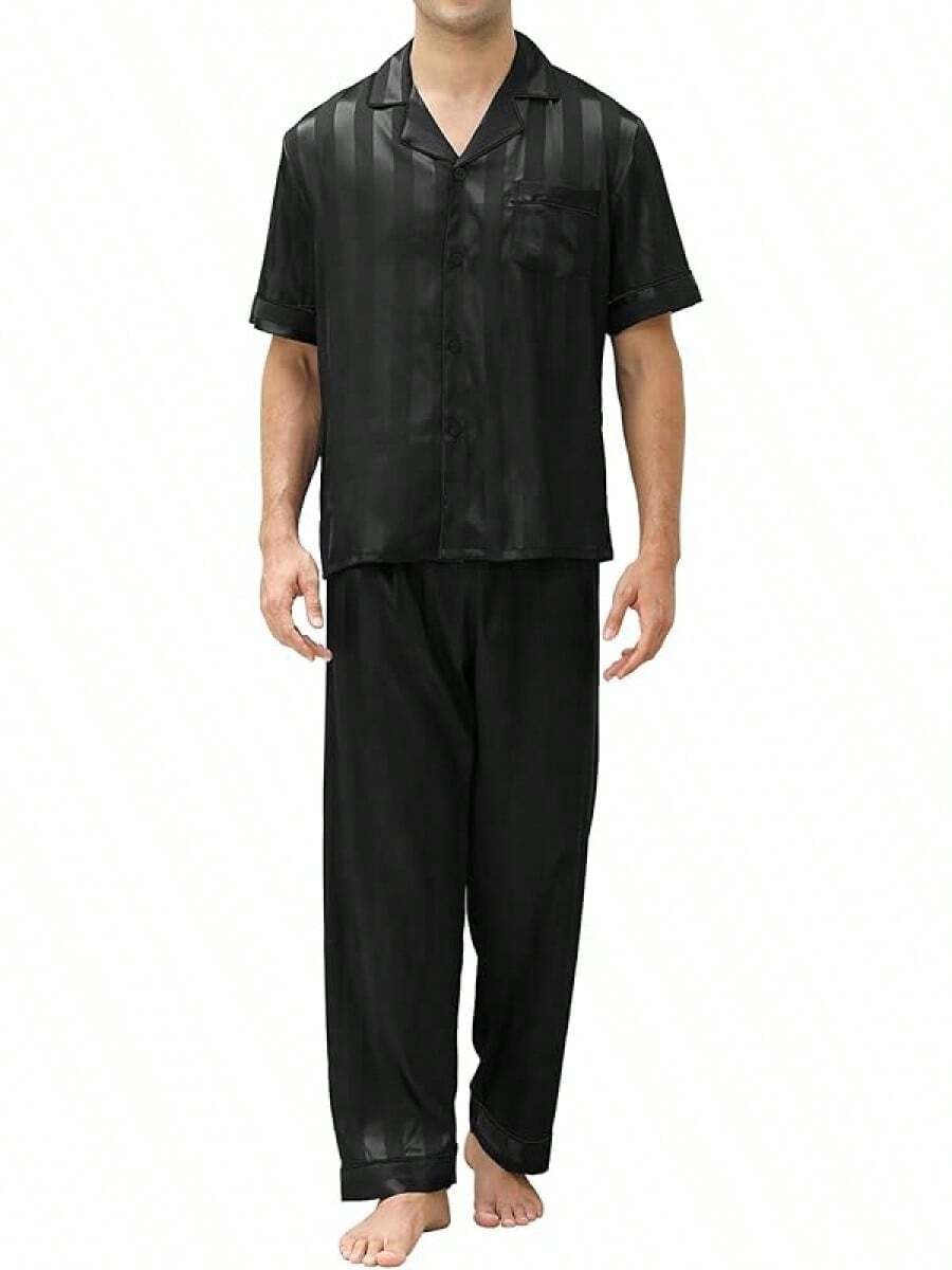 Mens Silk Pajama Set, Short Sleeve Silk Satin Pajamas For Men Soft Mens Loungewear Sets 2 Piece Button Down Pjs Sethalloween - Striped Black - View 1