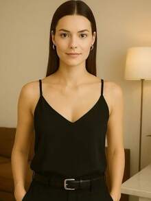 Women's Tank Top With Adjustable Straps, Basic Crepe V1 Collar, Various Colors, D-32 - 黑色 - 查看 1