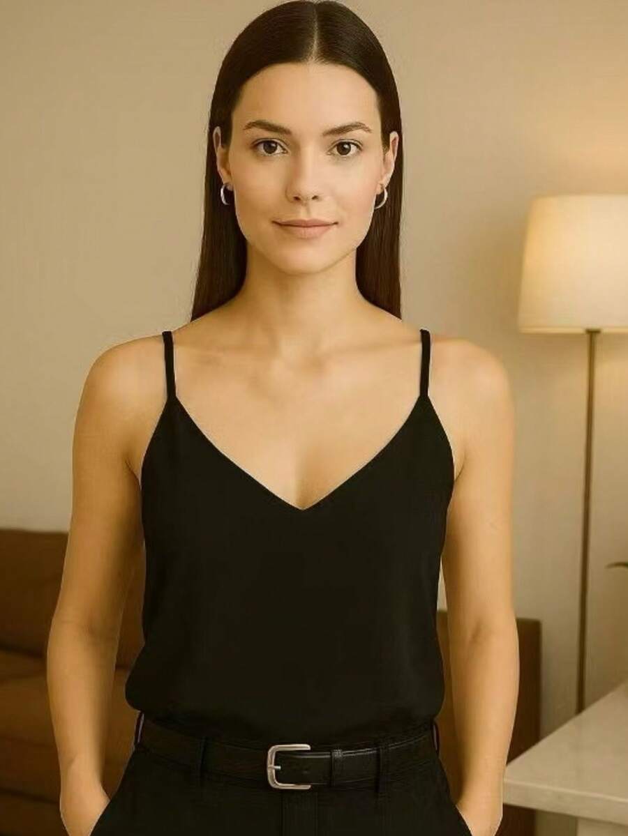 Women's Tank Top With Adjustable Straps, Basic Crepe V1 Collar, Various Colors, D-32 - 黑色 - 查看 1