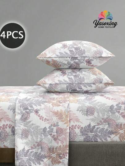 4Pcs Purple Botanical Leaves Flower Pattern Sheet Set Bedding Set, 1pc Fitted Sheet & 1pc Flat Sheet& 2pcs Pillowcase Bedding Mattress Protector Set (Not Including Pillow Core)Luxury Fitted Sheet Set King Queen Full TWIN SIZE Sheet Deep Pocket Up To 11.8 Inch Pillowcase, Soft Breathable Wrinkle-Free Better For Sleep, Luxury Hotel Style, Gift For Mom Dad Friend Farmhouse Bedding Sets