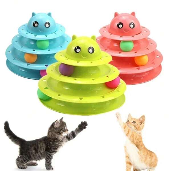 Torre de Escalada Interativa para Gatos de 3 Níveis - Torre com Trilho Giratório para Bola, Plataforma de Jogo de Quebra-cabeça para Filhotes e Gatos Adultos, Brinquedo de Gato Multicamadas Combinado com Sino e Acessórios de Bola