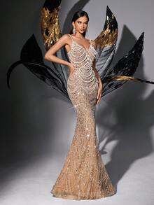 Glamouröses paillettenbesetztes, perlenbesticktes ärmelloses Meerjungfrauenkleid mit V-Ausschnitt (stark verziert) - Champagnerfarben - Übersicht 6