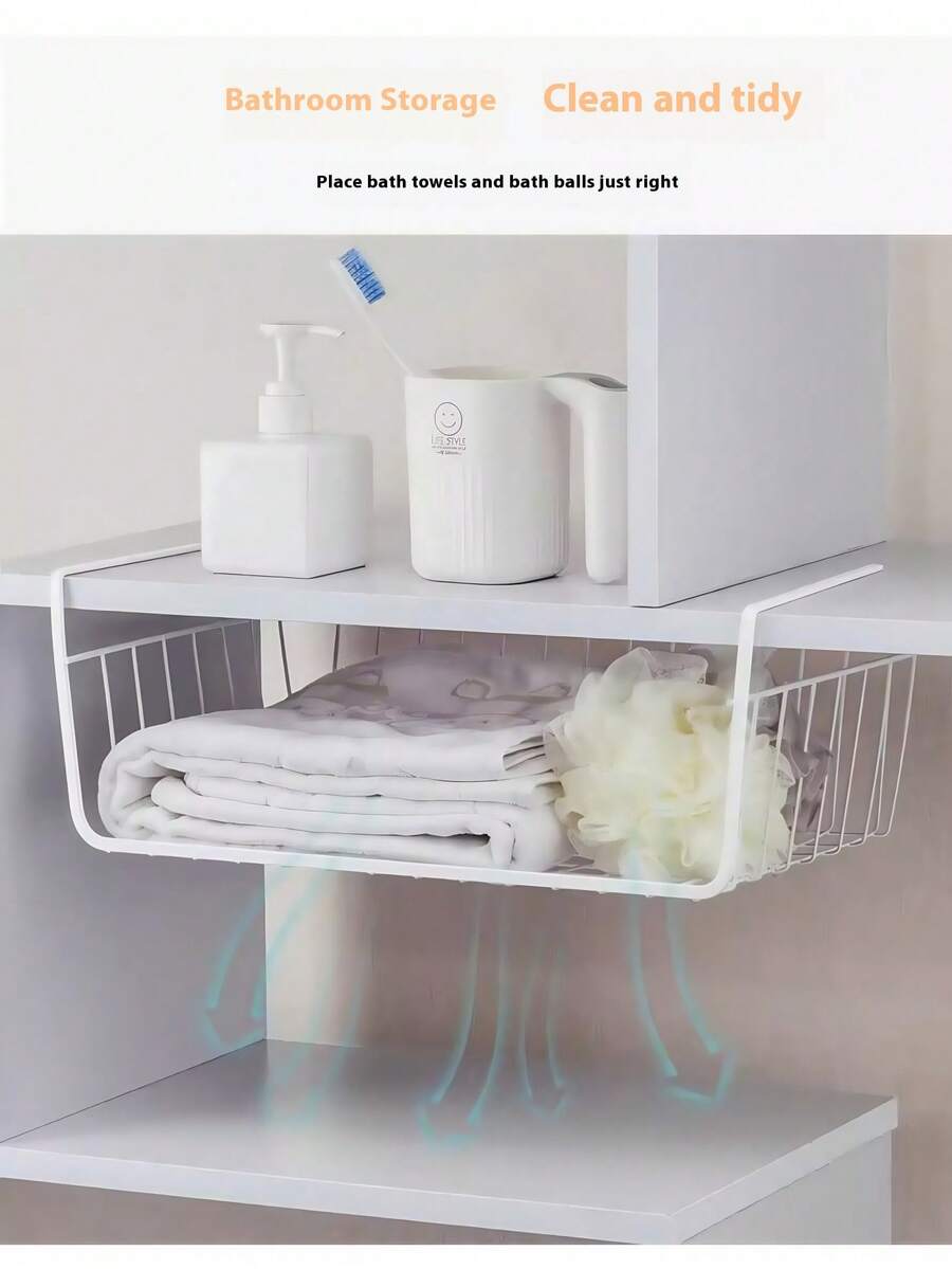 Super life 1pc Space-Saving Hanging Storage Basket - Multi-Functional Storage Rack, Can Be Hung Under Desk, Multi-Layer Storage Rack, Dorm Desk Storage Basket, Kitchen Spice Rack, Extra Large Modern Upright Storage Rack - No Installation Required, Metal Wire Basket, Saves Kitchen, Dorm, Office Space - Easy Open Storage Box, Easy To Install, Kitchen Storage Organizer