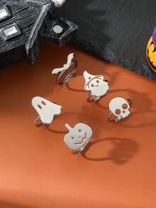 5pcs Women's Halloween Open Ring Set, Cute Ghost Pumpkin Skull Bat & Witch Hat Rings, Silver Gold Spooky Gothic Jewelry For Party & Cosplay - Halloween - View 1