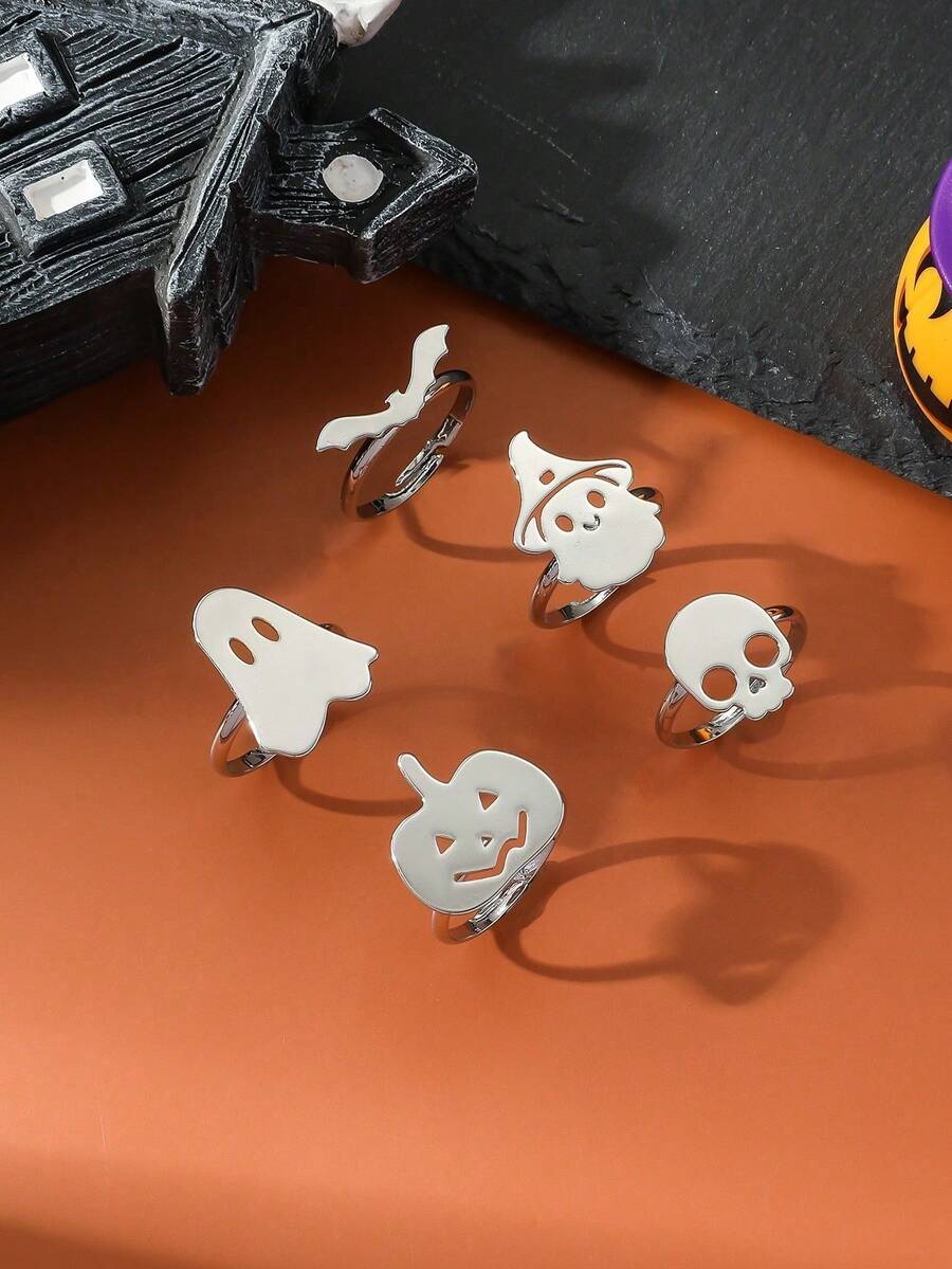 5pcs Women's Halloween Open Ring Set, Cute Ghost Pumpkin Skull Bat & Witch Hat Rings, Silver Gold Spooky Gothic Jewelry For Party & Cosplay - Halloween - View 1