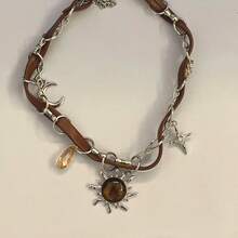 复古皮革棕色宝石太阳吊坠串珠颈链锁骨链项链女士独特 Y2K 个性化垃圾摇滚珠宝 - 彩色 - 查看 2
