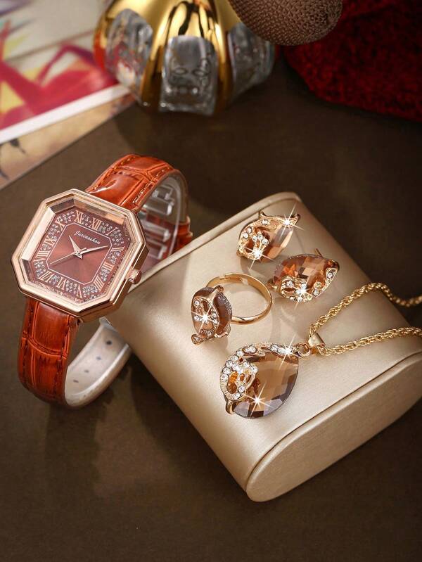5 pièces/Set Montre à quartz élégante rétro en cuir carré pour femmes + Ensemble de collier pendentif en cristal