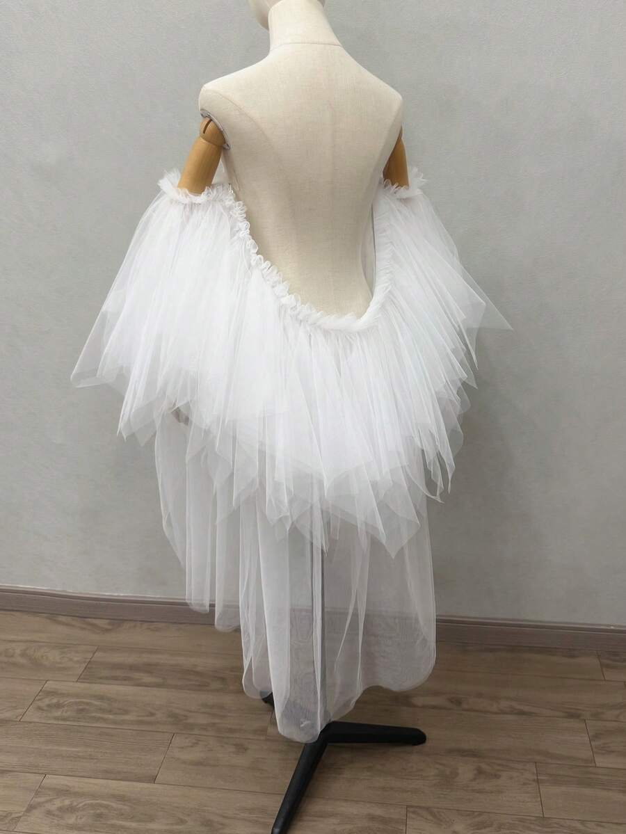 1 件可拆卸多层不对称网眼披肩，夸张泡泡袖斗篷，新娘配饰肩袖秋装女士