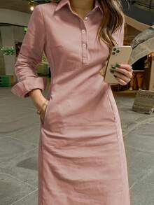 春秋新款时尚优雅翻领纽扣长袖女式阿拉伯连衣裙 - 藕粉色 - 查看 5
