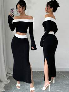 Conjunto de traje de camiseta corta elegante con bloque de color, fuera del hombro y falda de cola de pez con abertura lateral para primavera/verano - Negro - Ver 1