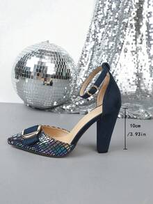 Pointed Toe Fashion Versatile Chunky Heel Hollow Out Pumps - Blue - View 3