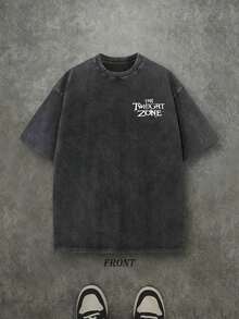 Retro Washed T-Shirt Double Sided Printed (230 Pure Cotton T-Shirt) 'THE TWILIGHT ZONE'  Letter And Beer Pattern Print, Men's T-Shirt, Men's Casual, Comfortable, Fashionable T-Shirt, Street Style Cotton - màu đen - Xem 3