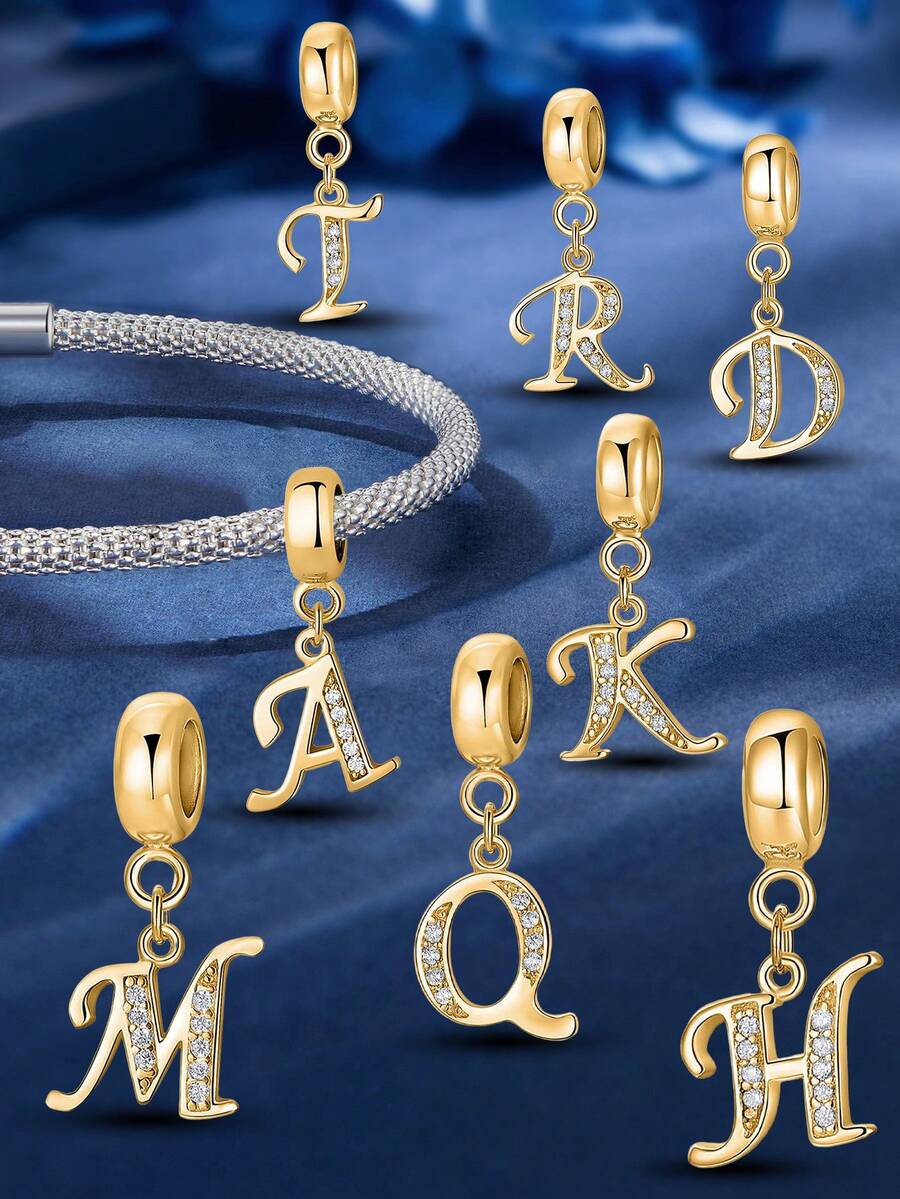 1pc 925 Sterling Silver 26 Letter Beaded Pendant, Suitable For Women Bracelet, Bangle DIY Jewelry Making, Anniversary Gift, Elegant Women Jewelry - Gold - View 1
