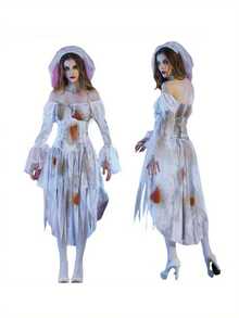 Halloween Cosplay  Bride Costumes For Women, Gothic Victorian Bloody Off Shoulder Long Sleeve Dress Outfits - 白色 - 查看 2