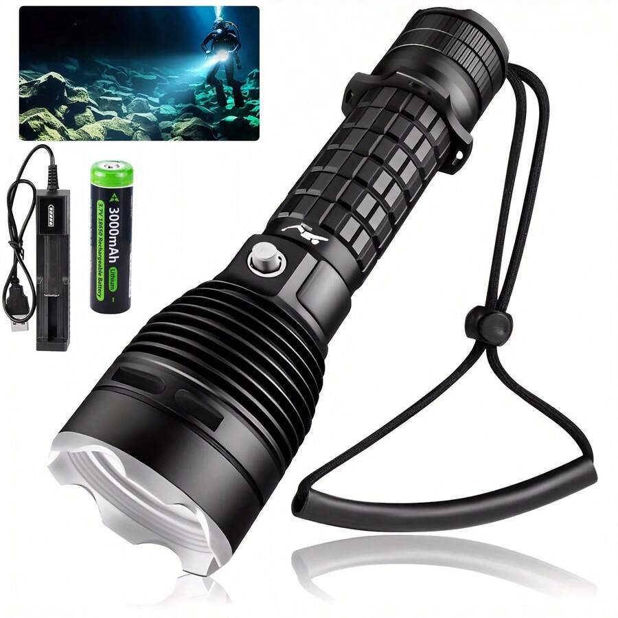 1pc XHP70.2 High Lumens Diving Flashlight - 3Modes Scuba Diving Light IPX8 Underwater Waterproof LED Torch With 18650 Battery & USB Charger For Outdoor Camping/Snorkeling/Night Diving/Deep Sea Caving