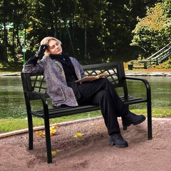 Outdoor Bench, 46 Inches Metal Garden Bench For Outdoors, 480 Lbs Load Capacity Bench, Outdoor Garden Park Bench With Backrest And Armrests, Patio Bench For Garden, Park, Yard, Front Porch