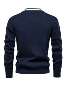 男士复古硬币图案长袖开衫，适合秋冬季节穿着，可搭配西装和衬衫 - 藏蓝色 - 查看 3