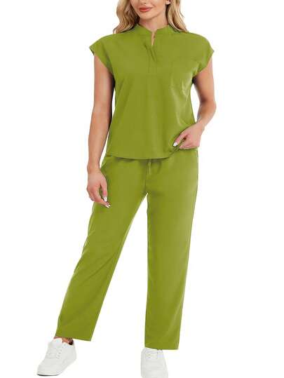 cimmuovere Plus Size Stand Collar Sleeveless Loose Top And Practical Multi-Pocket Pants Uniform Set