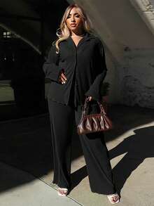 2pcs Women's Fashionable Pleated Shirt And Comfortable Wide-Leg Pants Set, Casual, Ladies Spring/Fall Casual Pocket, Zipper Long Sleeve Loose Blouse Pants Women Two-Piece Outfits, Casual Daily Wear - 黑色 - 查看 7