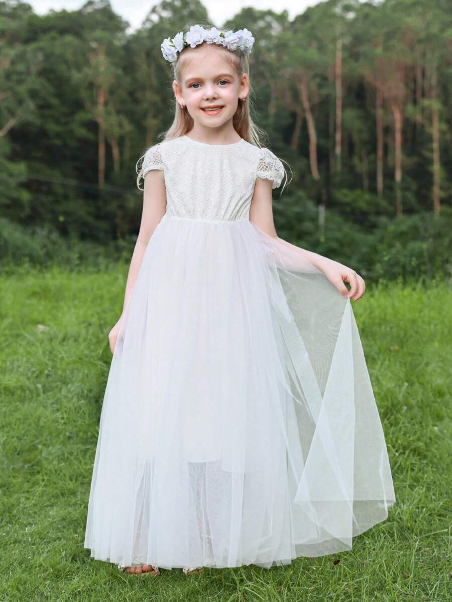 Girls Vintage Chiffon Ruffle Sleeve A-Line Flower Girl Dresses,Wedding Party Long Junior Bridesmaid Dresses For 6-10 Years Old Children