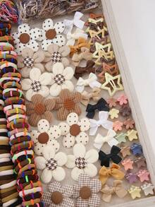 832个女童卡其色布艺花朵发夹、弹力发圈、蝴蝶结发夹、简约鸭嘴夹、BB夹，适合日常使用 - 彩色 - 查看 2