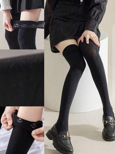 1 Pair Thigh High Over-The-Knee Socks, Silicone Non-Slip Velvet, JK Style Slimming Black Long Socks