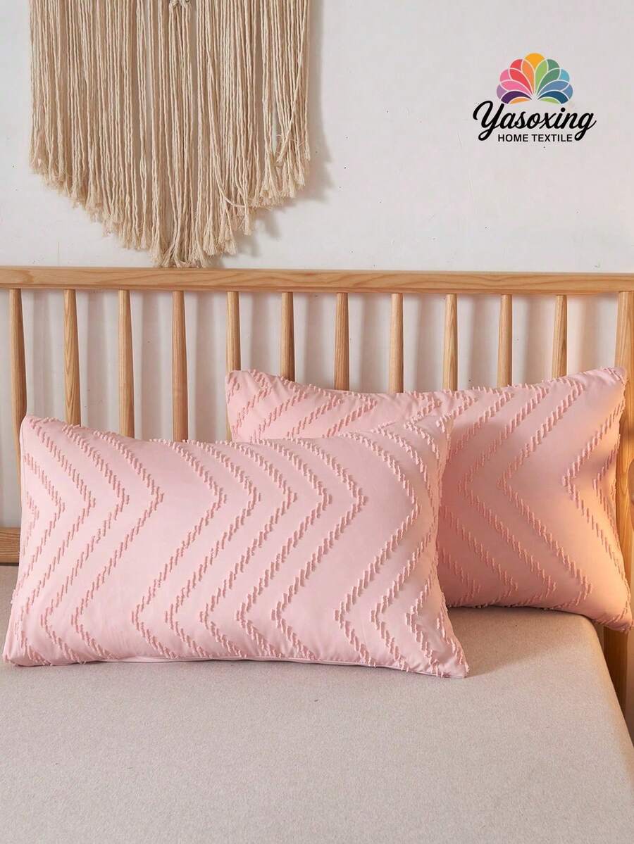 2pcs Tufted Pillowcase Without Filler, Pink Simple Bed Pillow Cover For Home - Pink - View 1