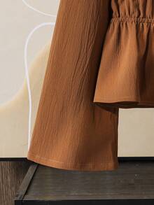 Left Mama Girls' Casual Bow V-Neck Long Sleeve Top And Striped Straight Pants Set, Spring/Autumn